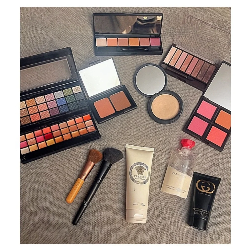 Makeup bundle - Eyeshadows Bronzer Shine Control Lipsticks Body Lotion brushes